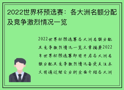 2022世界杯预选赛：各大洲名额分配及竞争激烈情况一览